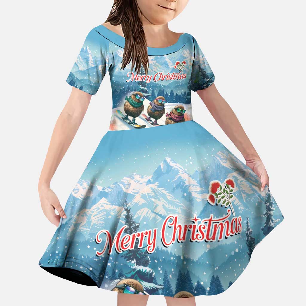 New Zealand Merry Christmas Family Matching Mermaid Dress and Hawaiian Shirt Kiwi Birds Snow Boarding-Vibrant Tropical Flower LT03 Daughter's Dress White - Polynesian Pride