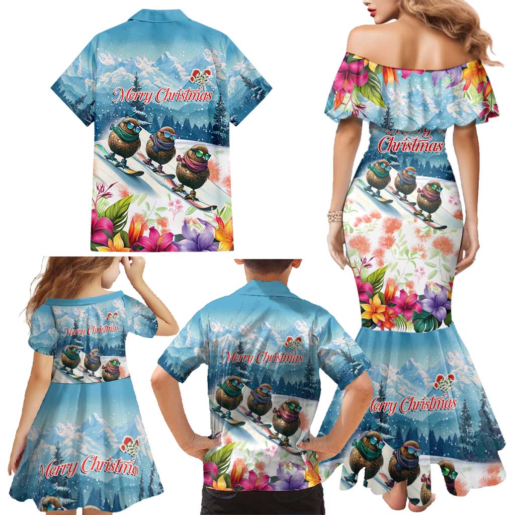 New Zealand Merry Christmas Family Matching Mermaid Dress and Hawaiian Shirt Kiwi Birds Snow Boarding-Vibrant Tropical Flower LT03 - Polynesian Pride