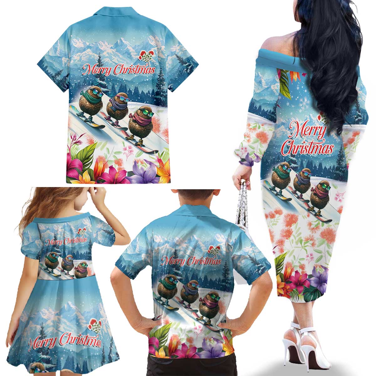 New Zealand Merry Christmas Family Matching Off The Shoulder Long Sleeve Dress and Hawaiian Shirt Kiwi Birds Snow Boarding-Vibrant Tropical Flower LT03 - Polynesian Pride