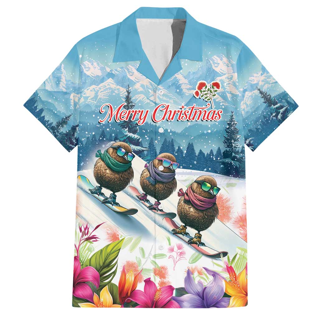 New Zealand Merry Christmas Family Matching Off Shoulder Maxi Dress and Hawaiian Shirt Kiwi Birds Snow Boarding-Vibrant Tropical Flower LT03 Dad's Shirt - Short Sleeve White - Polynesian Pride