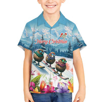New Zealand Merry Christmas Family Matching Off Shoulder Short Dress and Hawaiian Shirt Kiwi Birds Snow Boarding-Vibrant Tropical Flower LT03 Son's Shirt White - Polynesian Pride