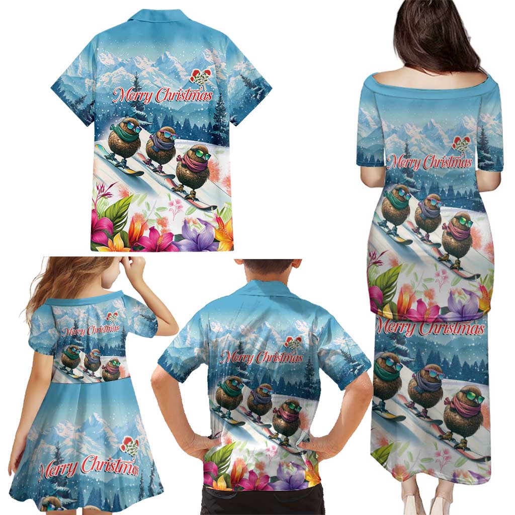 New Zealand Merry Christmas Family Matching Puletasi and Hawaiian Shirt Kiwi Birds Snow Boarding-Vibrant Tropical Flower LT03 - Polynesian Pride