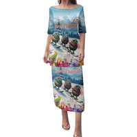 New Zealand Merry Christmas Family Matching Puletasi and Hawaiian Shirt Kiwi Birds Snow Boarding-Vibrant Tropical Flower LT03 Mom's Dress White - Polynesian Pride
