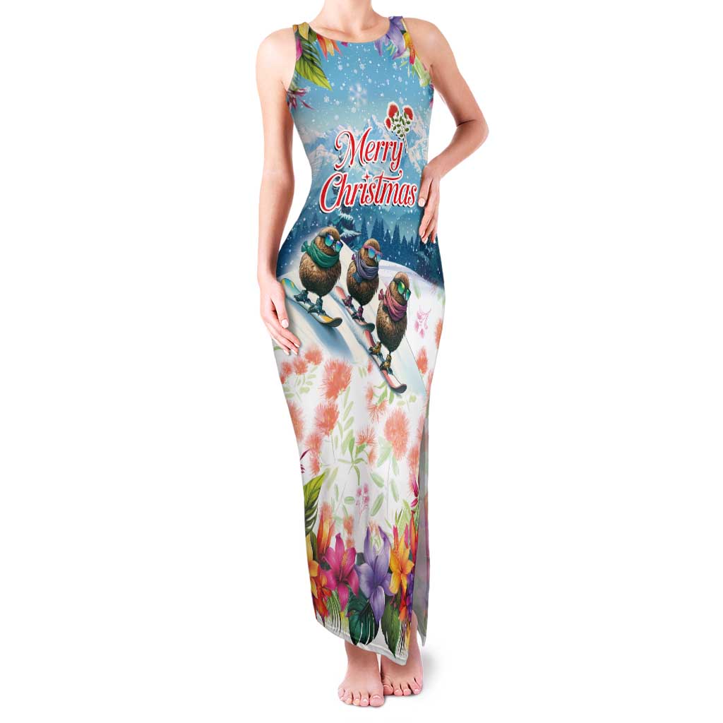 New Zealand Merry Christmas Family Matching Tank Maxi Dress and Hawaiian Shirt Kiwi Birds Snow Boarding-Vibrant Tropical Flower LT03 Mom's Dress White - Polynesian Pride