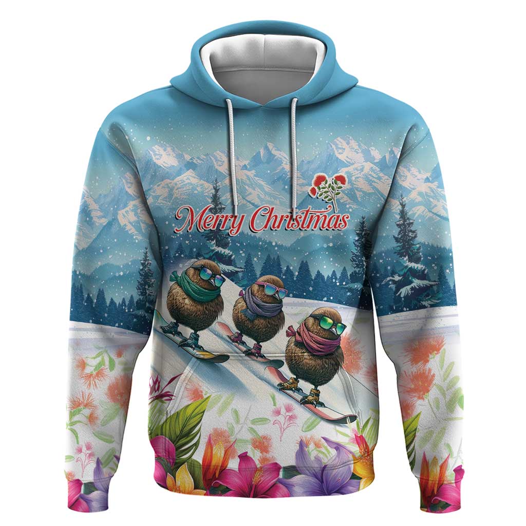 New Zealand Merry Christmas Hoodie Kiwi Birds Snow Boarding-Vibrant Tropical Flower LT03 Pullover Hoodie White - Polynesian Pride
