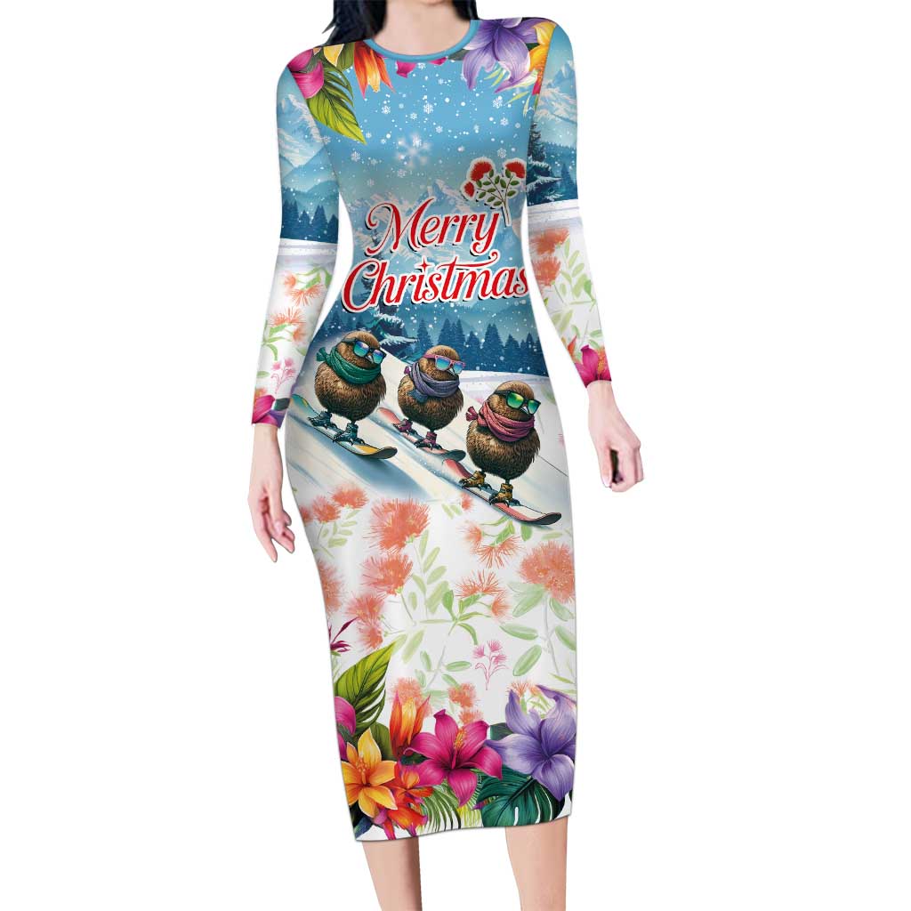New Zealand Merry Christmas Long Sleeve Bodycon Dress Kiwi Birds Snow Boarding-Vibrant Tropical Flower LT03 Long Dress White - Polynesian Pride