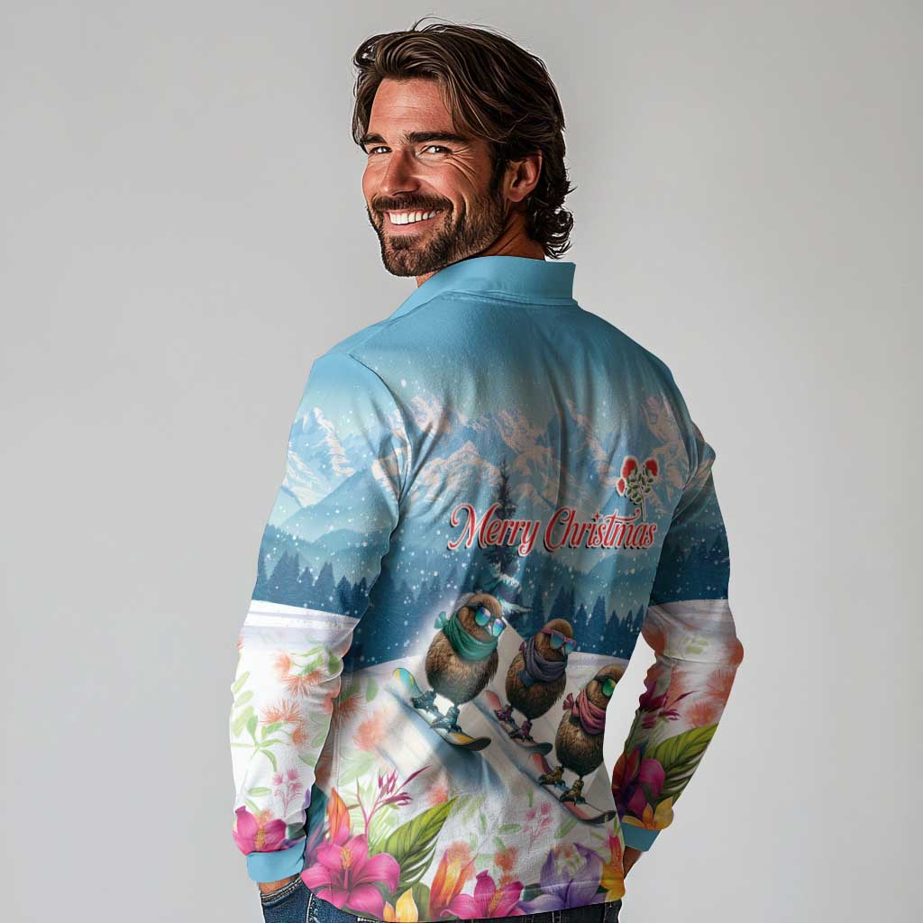 New Zealand Merry Christmas Long Sleeve Polo Shirt Kiwi Birds Snow Boarding-Vibrant Tropical Flower LT03 - Polynesian Pride