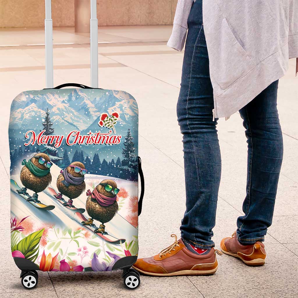 New Zealand Merry Christmas Luggage Cover Kiwi Birds Snow Boarding-Vibrant Tropical Flower LT03 White - Polynesian Pride