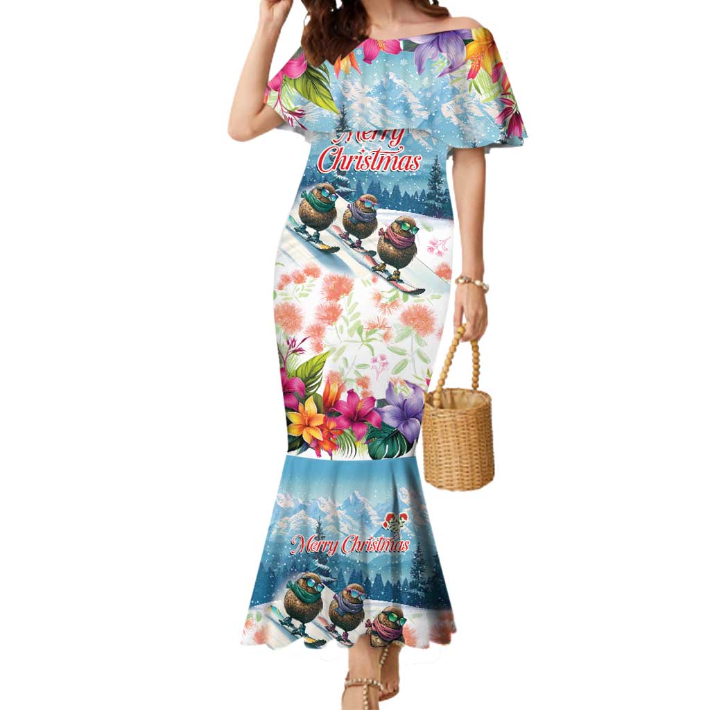 New Zealand Merry Christmas Mermaid Dress Kiwi Birds Snow Boarding-Vibrant Tropical Flower LT03 Women White - Polynesian Pride