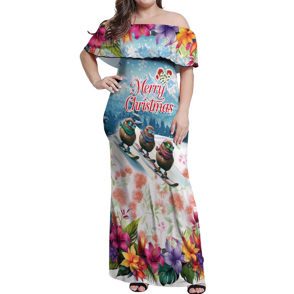 New Zealand Merry Christmas Off Shoulder Maxi Dress Kiwi Birds Snow Boarding-Vibrant Tropical Flower - Polynesian Pride