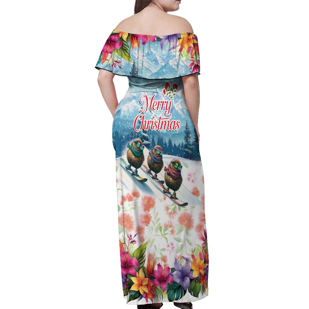 New Zealand Merry Christmas Off Shoulder Maxi Dress Kiwi Birds Snow Boarding-Vibrant Tropical Flower LT03 - Polynesian Pride