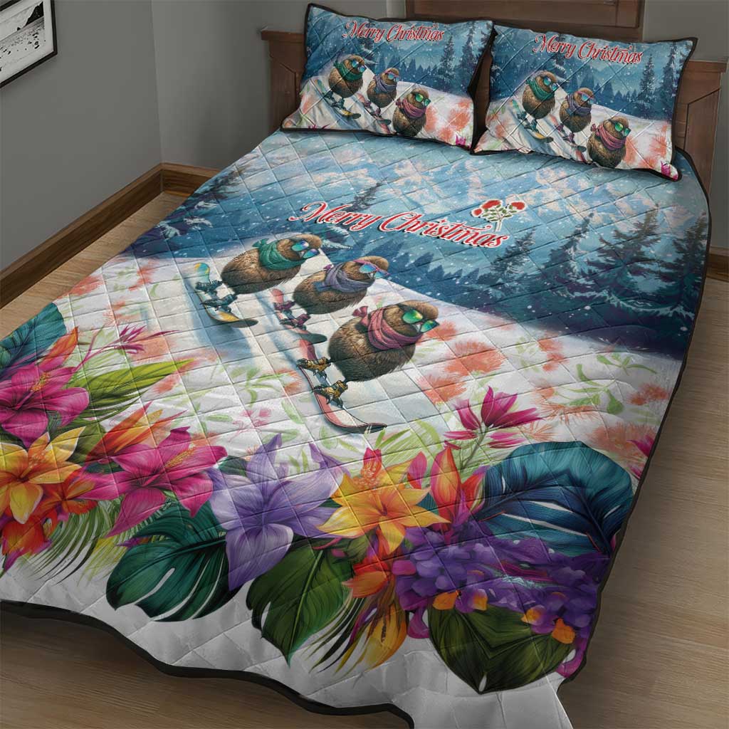New Zealand Merry Christmas Quilt Bed Set Kiwi Birds Snow Boarding-Vibrant Tropical Flower - Polynesian Pride