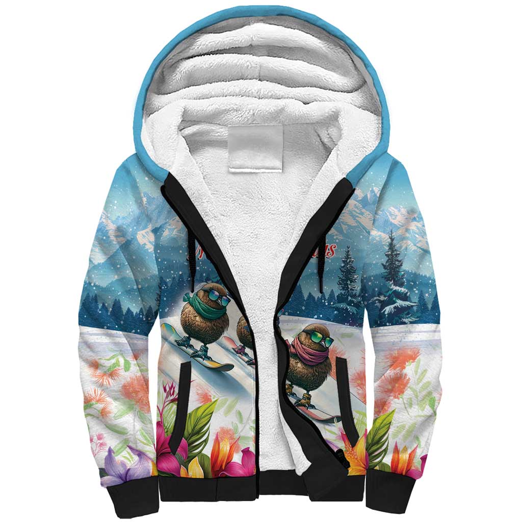 New Zealand Merry Christmas Sherpa Hoodie Kiwi Birds Snow Boarding-Vibrant Tropical Flower LT03 Unisex White - Polynesian Pride