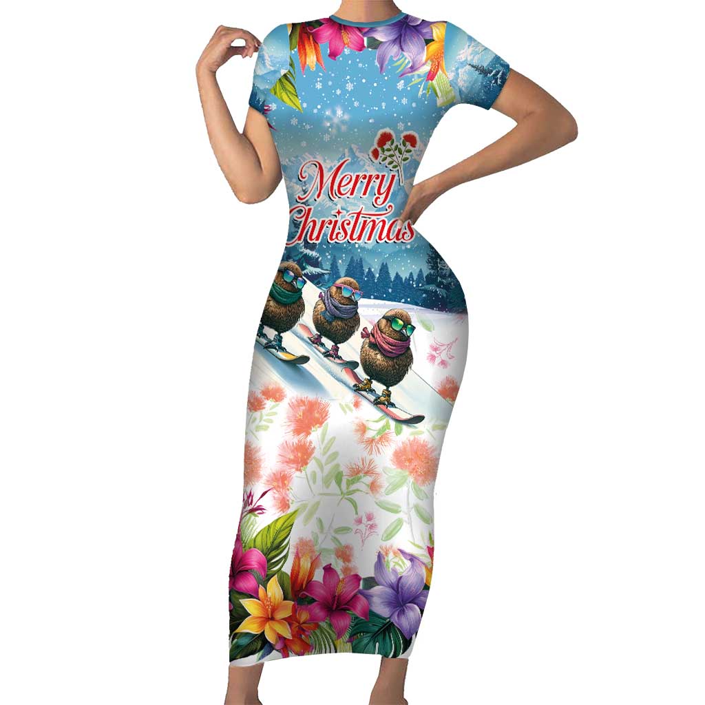 New Zealand Merry Christmas Short Sleeve Bodycon Dress Kiwi Birds Snow Boarding-Vibrant Tropical Flower LT03 Long Dress White - Polynesian Pride