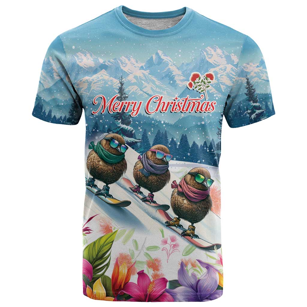 New Zealand Merry Christmas T Shirt Kiwi Birds Snow Boarding-Vibrant Tropical Flower LT03 White - Polynesian Pride