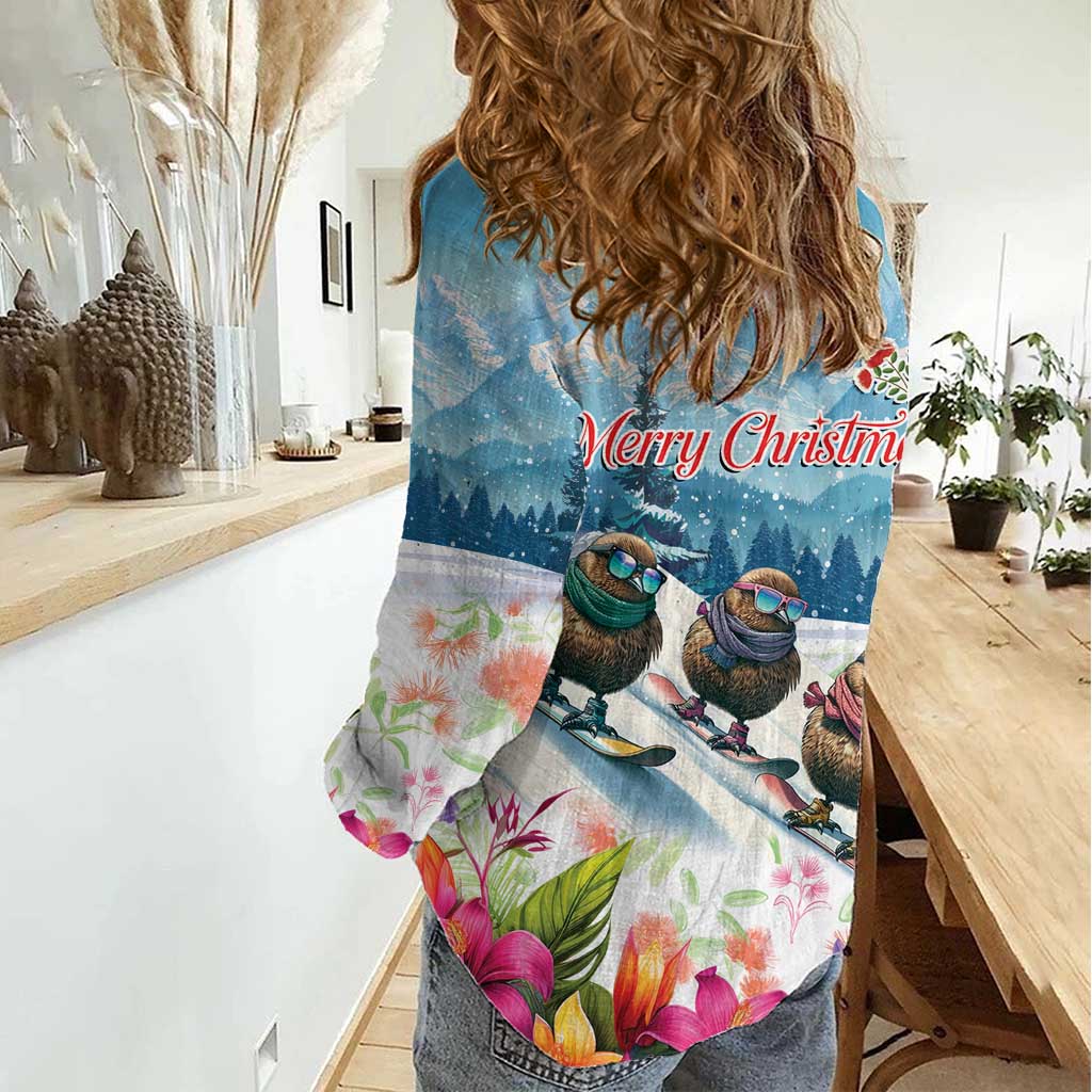 New Zealand Merry Christmas Women Casual Shirt Kiwi Birds Snow Boarding-Vibrant Tropical Flower LT03 - Polynesian Pride