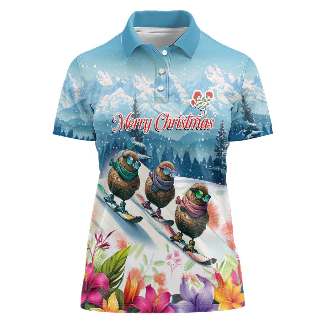 New Zealand Merry Christmas Women Polo Shirt Kiwi Birds Snow Boarding-Vibrant Tropical Flower LT03 Female White - Polynesian Pride