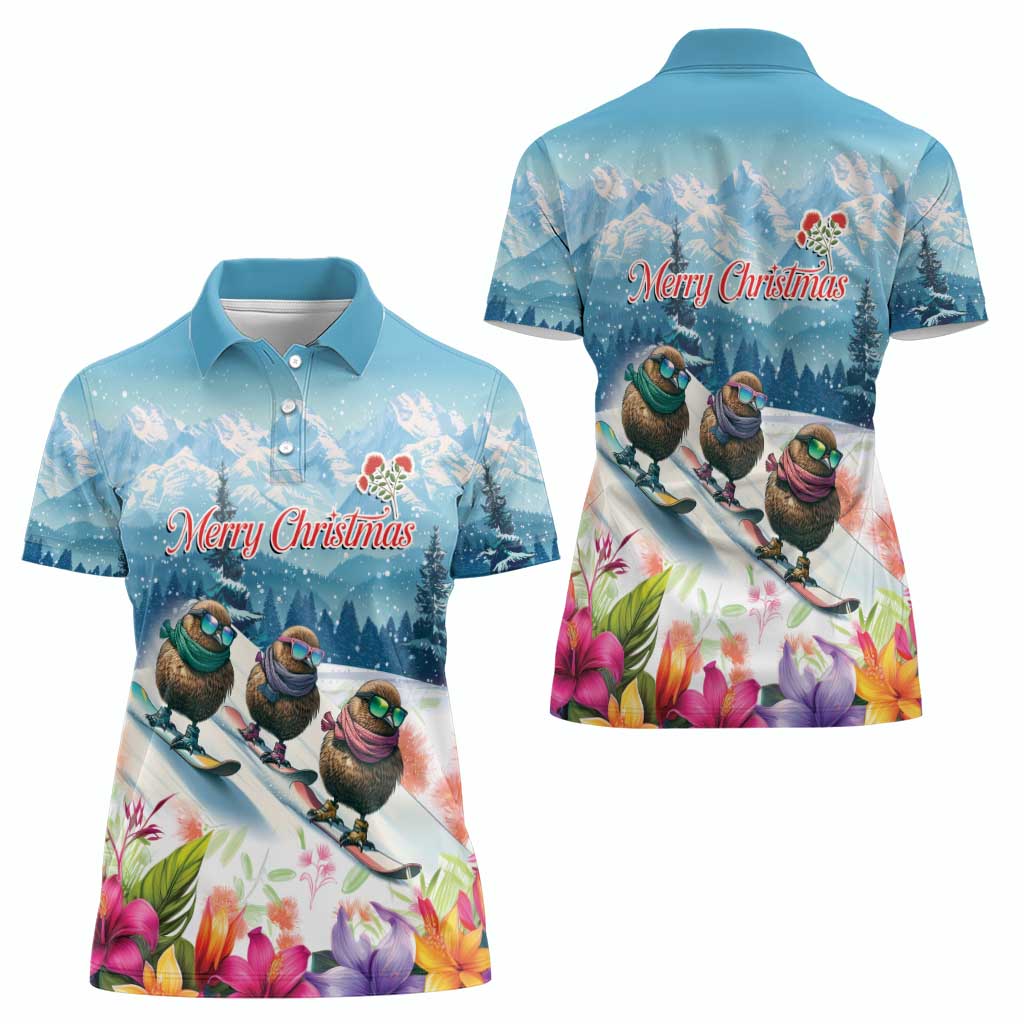 New Zealand Merry Christmas Women Polo Shirt Kiwi Birds Snow Boarding-Vibrant Tropical Flower LT03 - Polynesian Pride