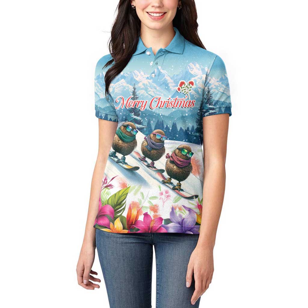New Zealand Merry Christmas Women Polo Shirt Kiwi Birds Snow Boarding-Vibrant Tropical Flower LT03 - Polynesian Pride