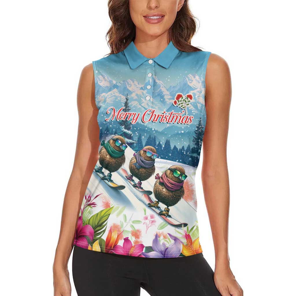 New Zealand Merry Christmas Women Sleeveless Polo Shirt Kiwi Birds Snow Boarding-Vibrant Tropical Flower LT03 - Polynesian Pride