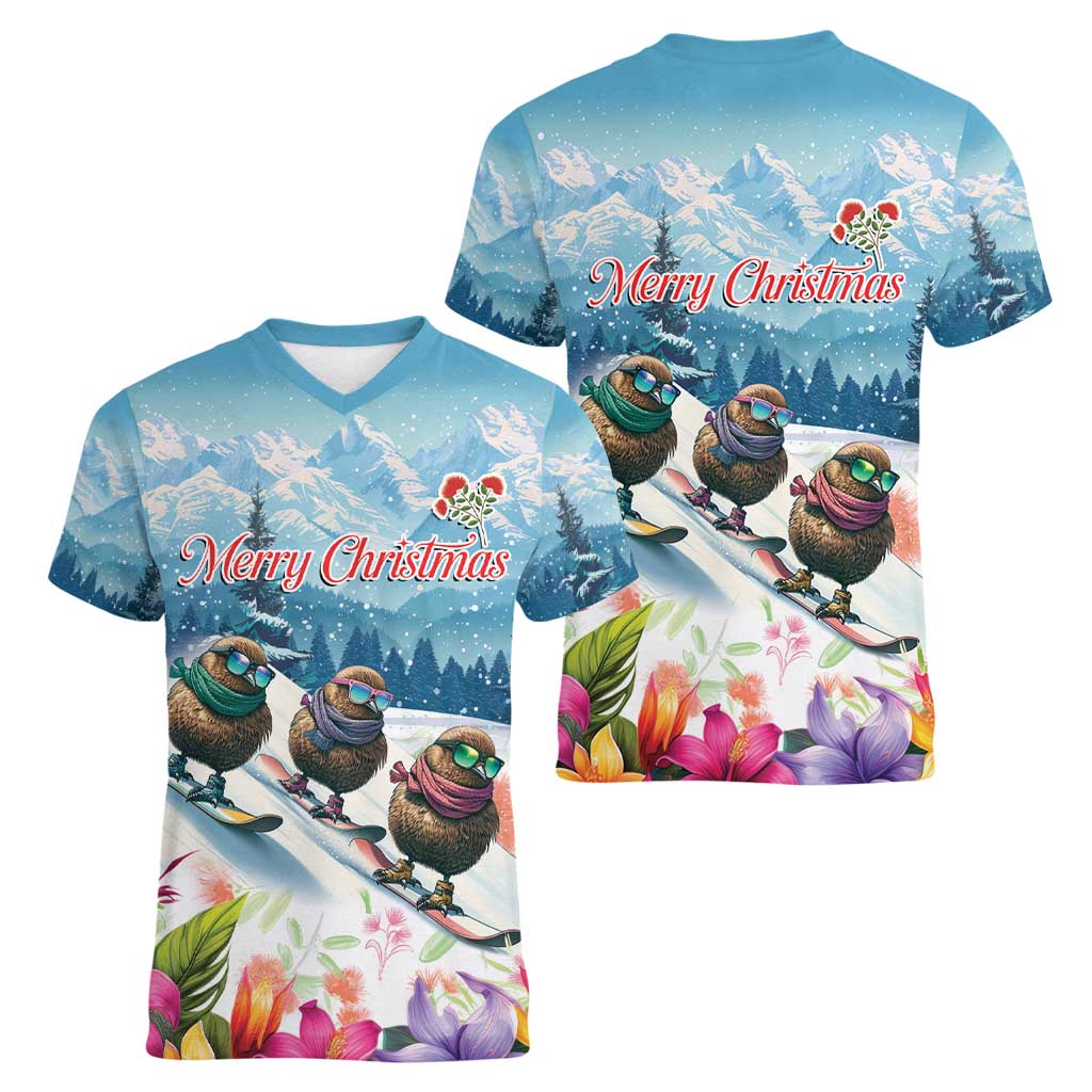 New Zealand Merry Christmas Women V-Neck T-Shirt Kiwi Birds Snow Boarding-Vibrant Tropical Flower LT03 - Polynesian Pride