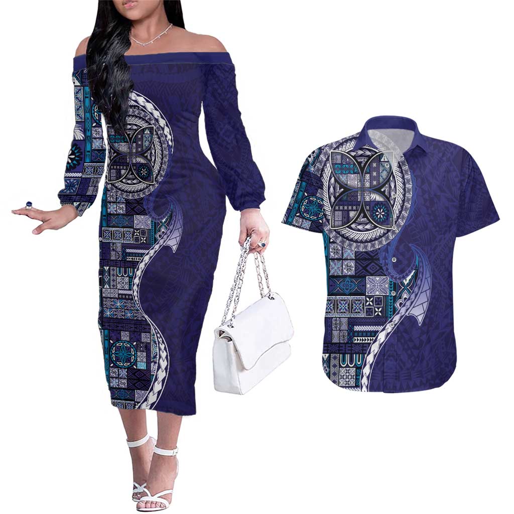 Samoan Siapo Art Tattoo Polynesian Pattern Couples Matching Off The Shoulder Long Sleeve Dress and Hawaiian Shirt Navy Color - Polynesian Pride