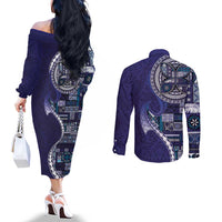 Samoan Siapo Art Tattoo Polynesian Pattern Couples Matching Off The Shoulder Long Sleeve Dress and Long Sleeve Button Shirt Navy Color - Polynesian Pride