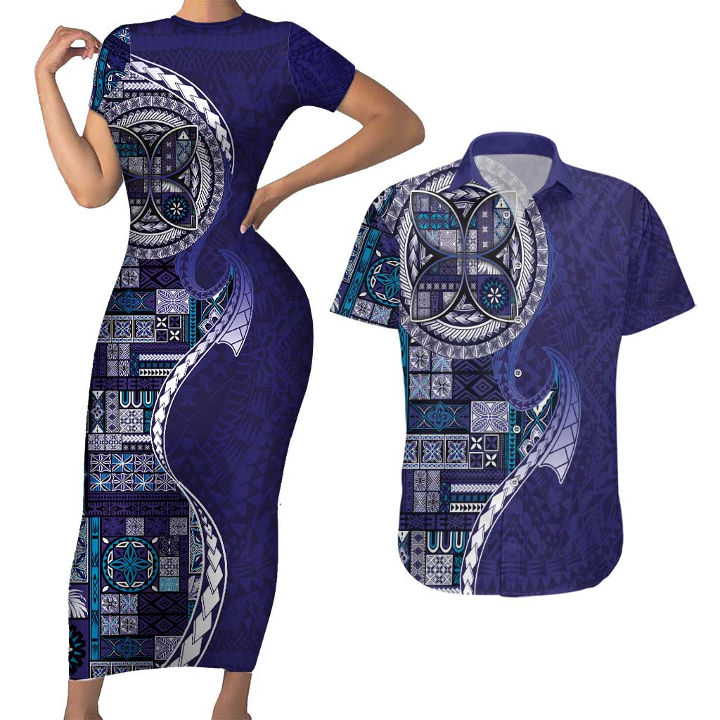 Samoan Siapo Art Tattoo Polynesian Pattern Couples Matching Short Sleeve Bodycon Dress and Hawaiian Shirt Navy Color - Polynesian Pride