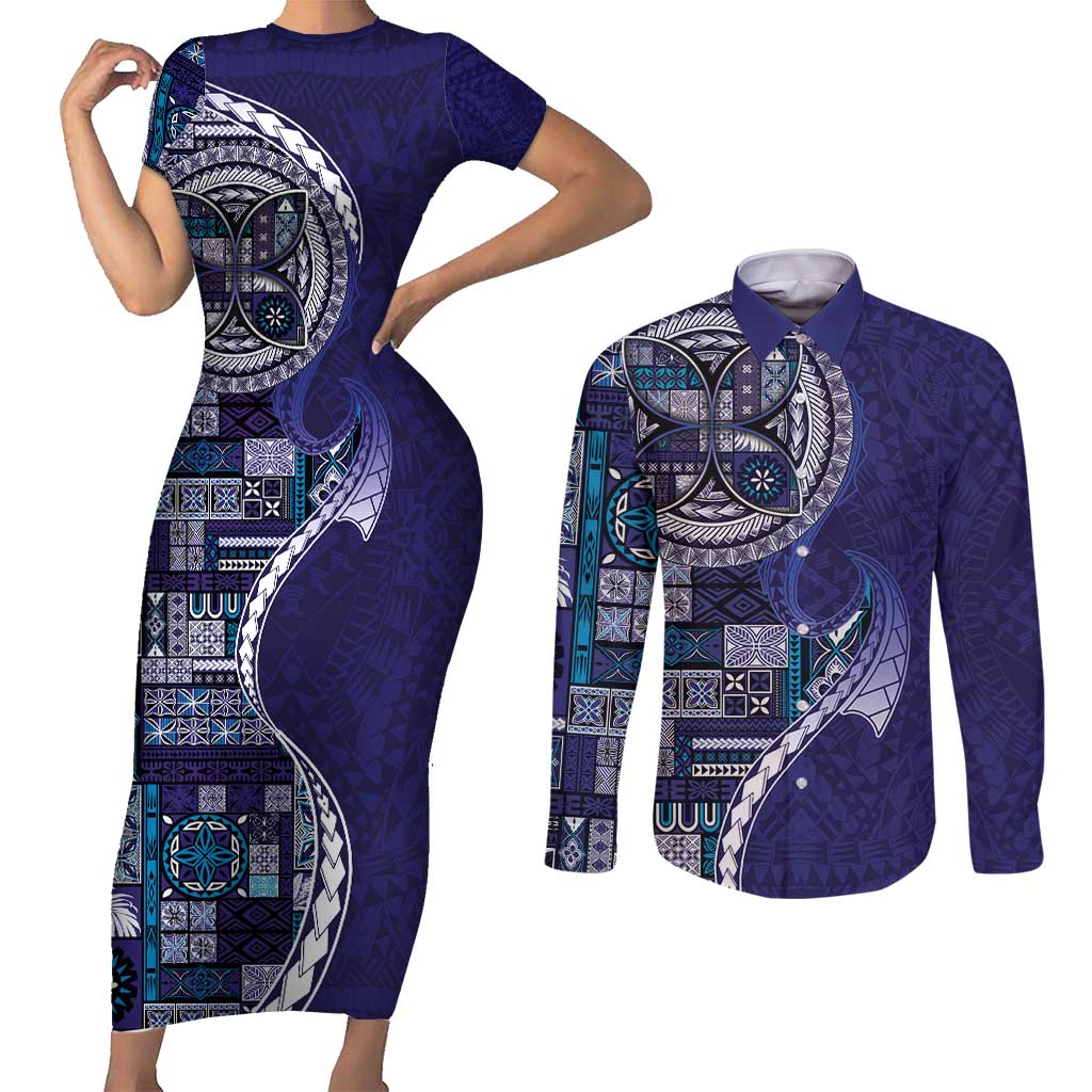 Samoan Siapo Art Tattoo Polynesian Pattern Couples Matching Short Sleeve Bodycon Dress and Long Sleeve Button Shirt Navy Color - Polynesian Pride