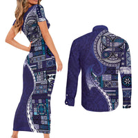 Samoan Siapo Art Tattoo Polynesian Pattern Couples Matching Short Sleeve Bodycon Dress and Long Sleeve Button Shirt Navy Color - Polynesian Pride