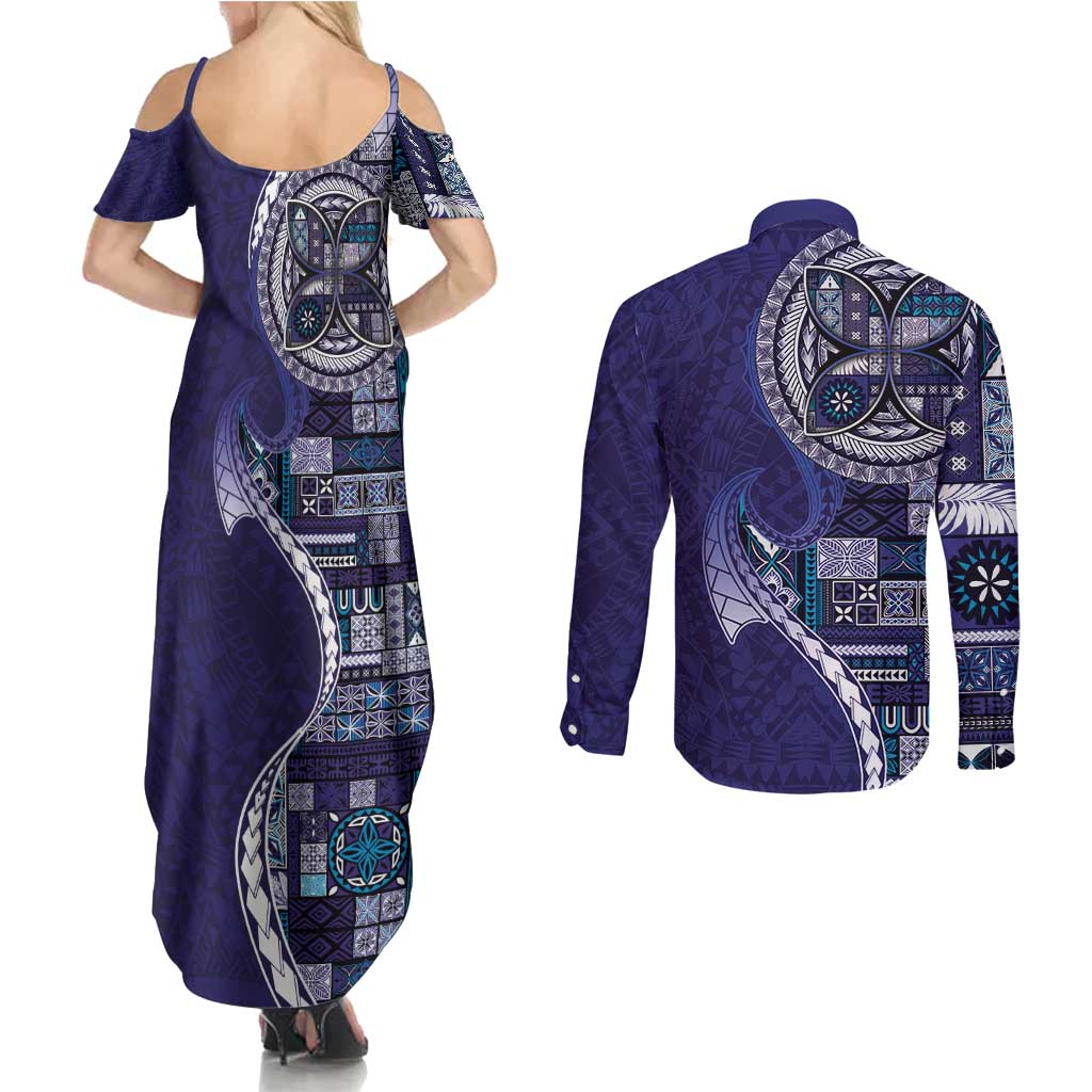 Samoan Siapo Art Tattoo Polynesian Pattern Couples Matching Summer Maxi Dress and Long Sleeve Button Shirt Navy Color - Polynesian Pride