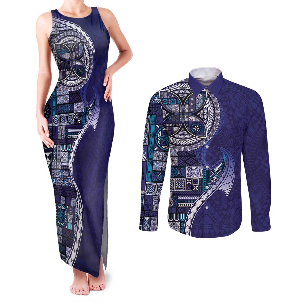 Samoan Siapo Art Tattoo Polynesian Pattern Couples Matching Tank Maxi Dress and Long Sleeve Button Shirt Navy Color - Polynesian Pride