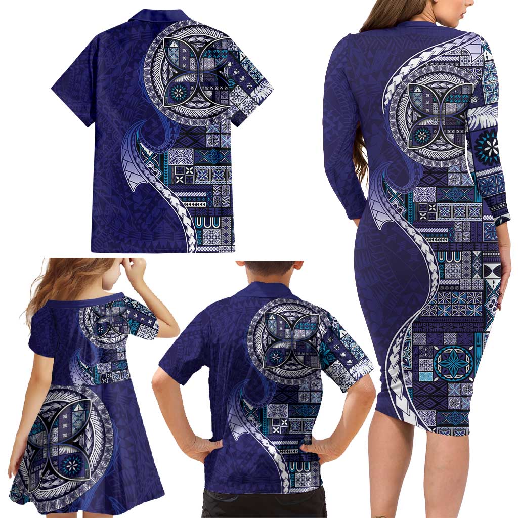 Samoan Siapo Art Tattoo Polynesian Pattern Family Matching Long Sleeve Bodycon Dress and Hawaiian Shirt Navy Color LT03 - Polynesian Pride