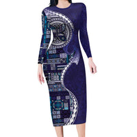Samoan Siapo Art Tattoo Polynesian Pattern Family Matching Long Sleeve Bodycon Dress and Hawaiian Shirt Navy Color LT03 Mom's Dress Navy - Polynesian Pride