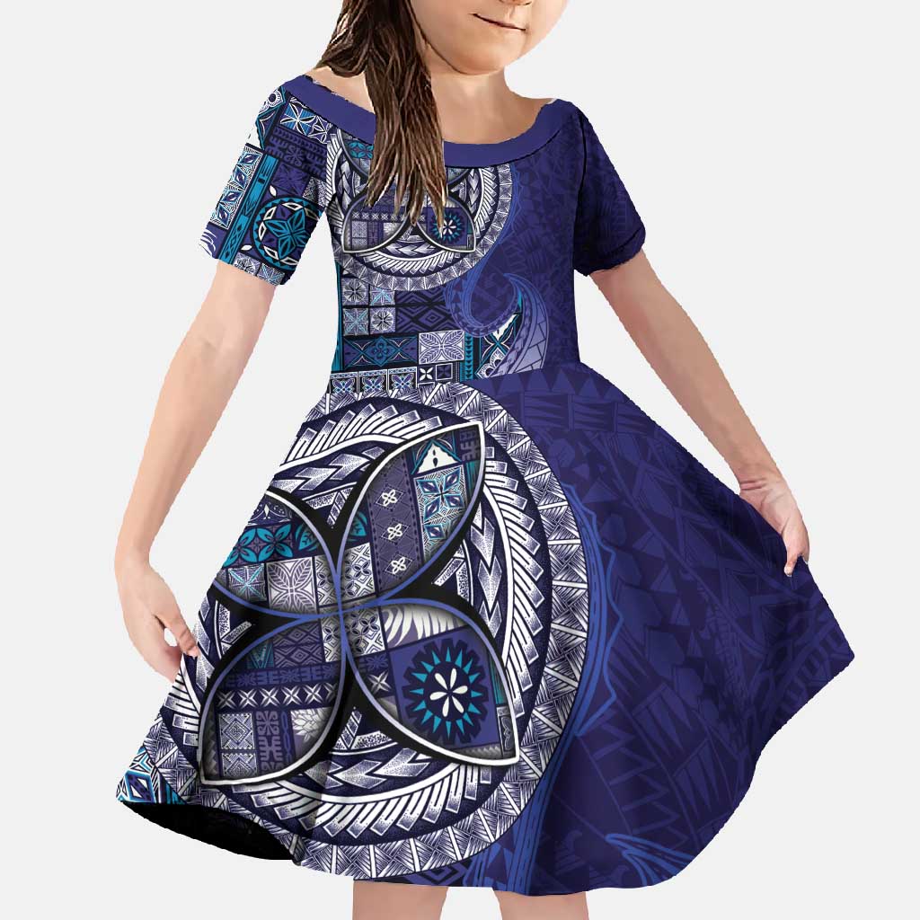 Samoan Siapo Art Tattoo Polynesian Pattern Family Matching Mermaid Dress and Hawaiian Shirt Navy Color LT03 Daughter's Dress Navy - Polynesian Pride