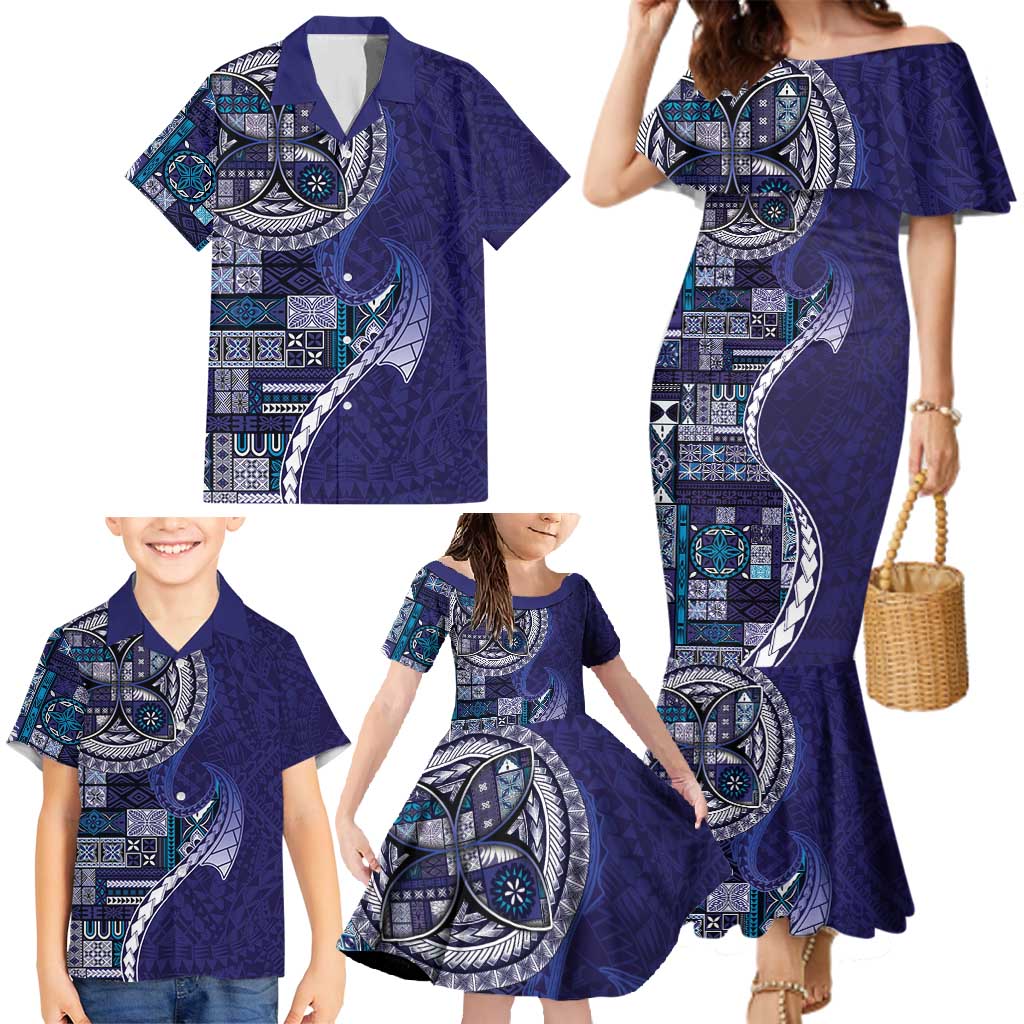 Samoan Siapo Art Tattoo Polynesian Pattern Family Matching Mermaid Dress and Hawaiian Shirt Navy Color LT03 - Polynesian Pride
