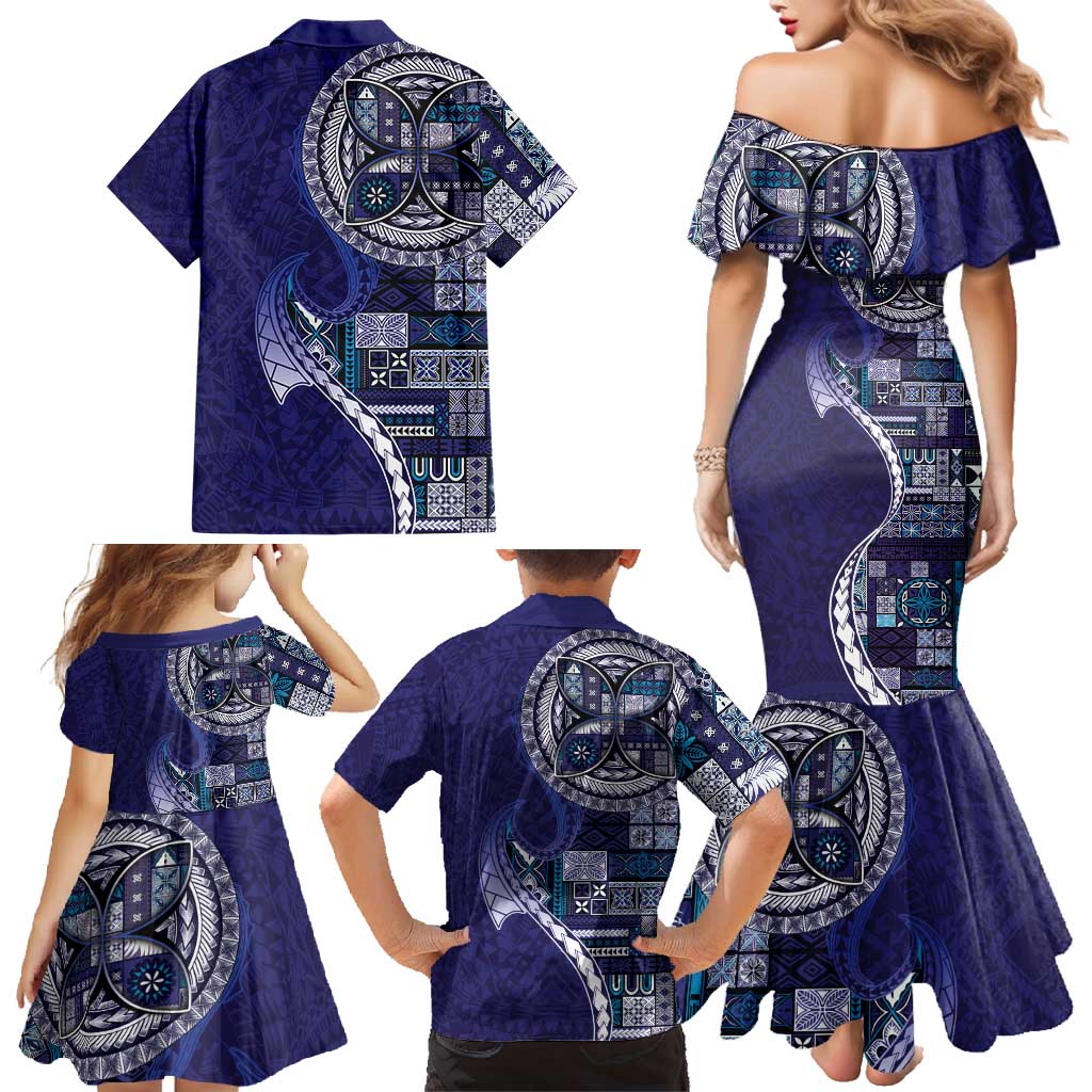 Samoan Siapo Art Tattoo Polynesian Pattern Family Matching Mermaid Dress and Hawaiian Shirt Navy Color LT03 - Polynesian Pride
