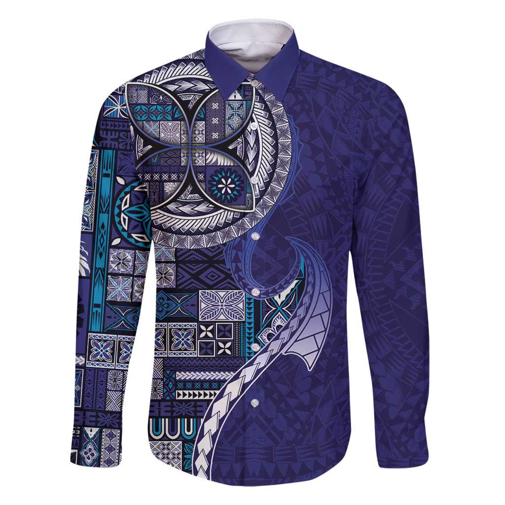 Samoan Siapo Art Tattoo Polynesian Pattern Family Matching Mermaid Dress and Hawaiian Shirt Navy Color LT03 Dad's Shirt - Long Sleeve Navy - Polynesian Pride