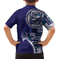 Samoan Siapo Art Tattoo Polynesian Pattern Family Matching Off The Shoulder Long Sleeve Dress and Hawaiian Shirt Navy Color LT03 - Polynesian Pride