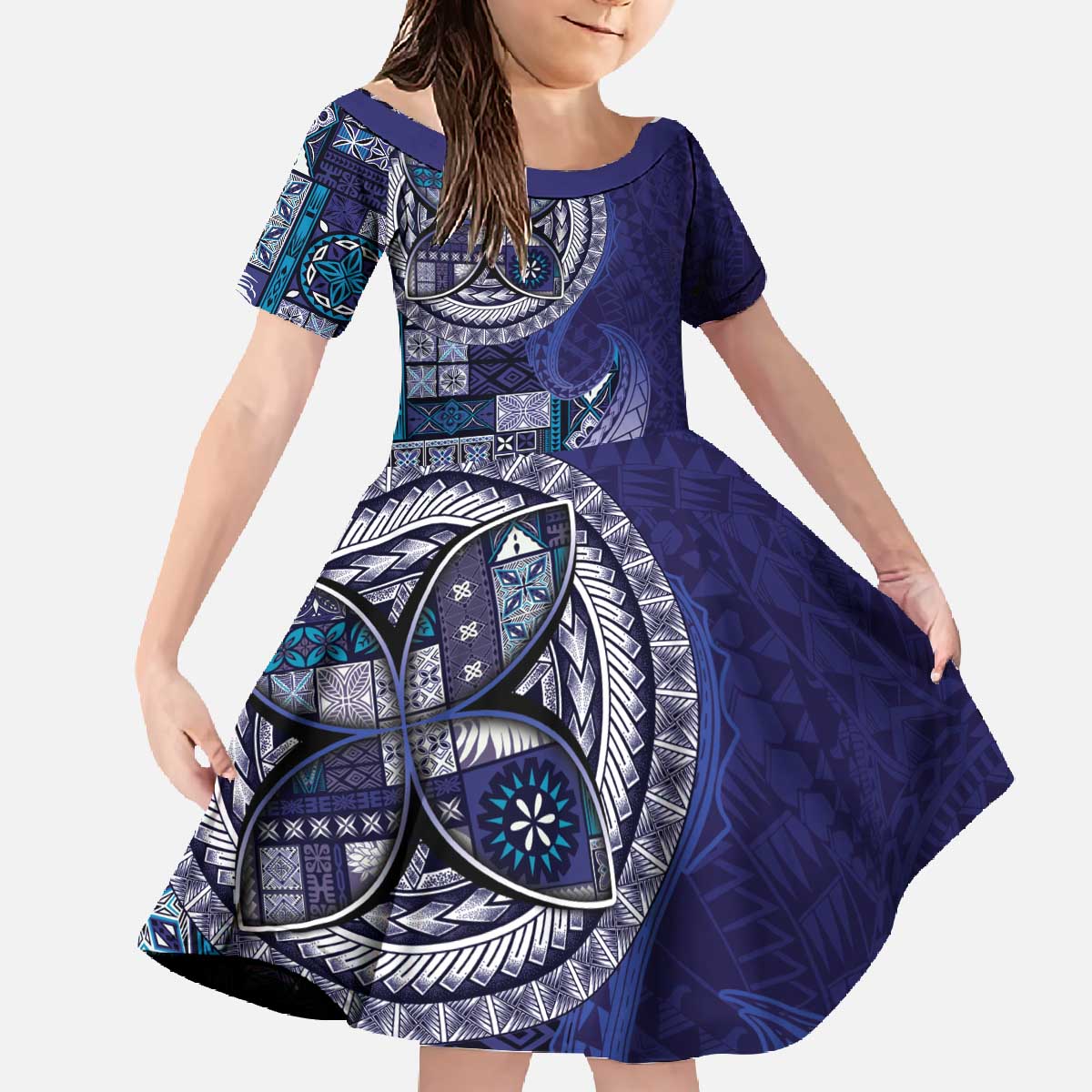Samoan Siapo Art Tattoo Polynesian Pattern Family Matching Off The Shoulder Long Sleeve Dress and Hawaiian Shirt Navy Color LT03 Daughter's Dress Navy - Polynesian Pride