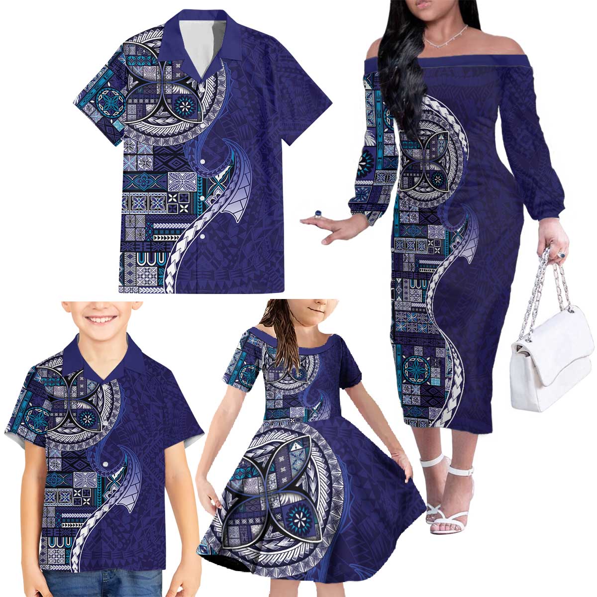 Samoan Siapo Art Tattoo Polynesian Pattern Family Matching Off The Shoulder Long Sleeve Dress and Hawaiian Shirt Navy Color LT03 - Polynesian Pride