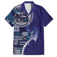 Samoan Siapo Art Tattoo Polynesian Pattern Family Matching Off The Shoulder Long Sleeve Dress and Hawaiian Shirt Navy Color LT03 Dad's Shirt - Short Sleeve Navy - Polynesian Pride