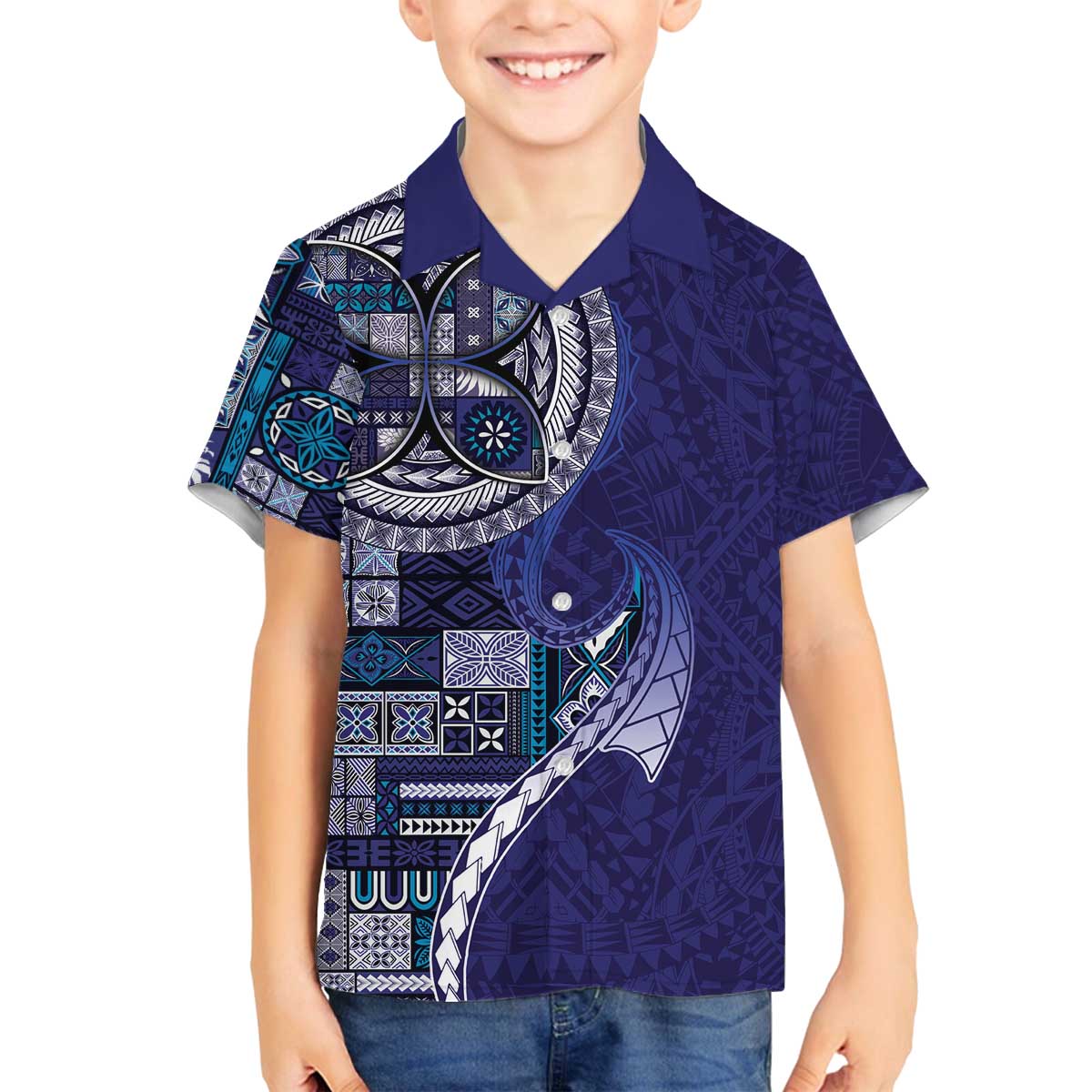Samoan Siapo Art Tattoo Polynesian Pattern Family Matching Off The Shoulder Long Sleeve Dress and Hawaiian Shirt Navy Color LT03 Son's Shirt Navy - Polynesian Pride