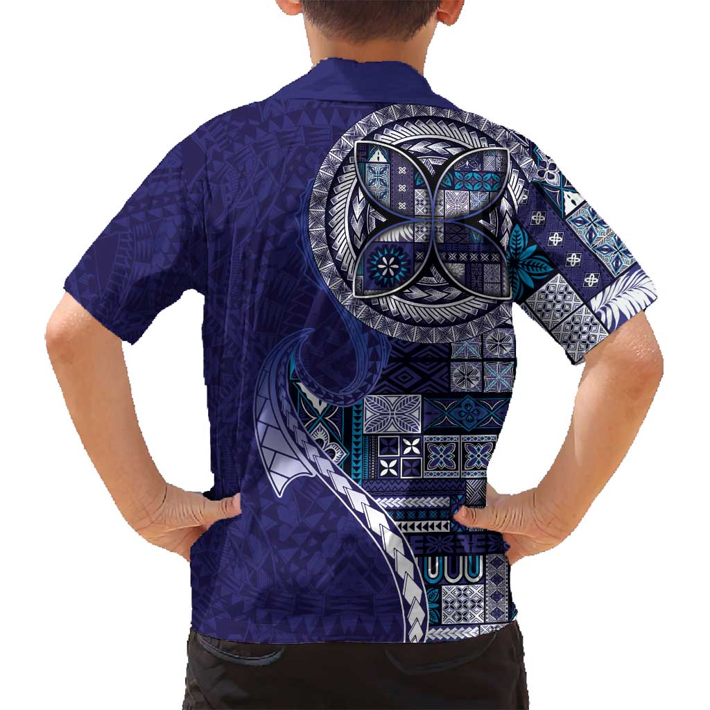 Samoan Siapo Art Tattoo Polynesian Pattern Family Matching Off Shoulder Short Dress and Hawaiian Shirt Navy Color - Polynesian Pride