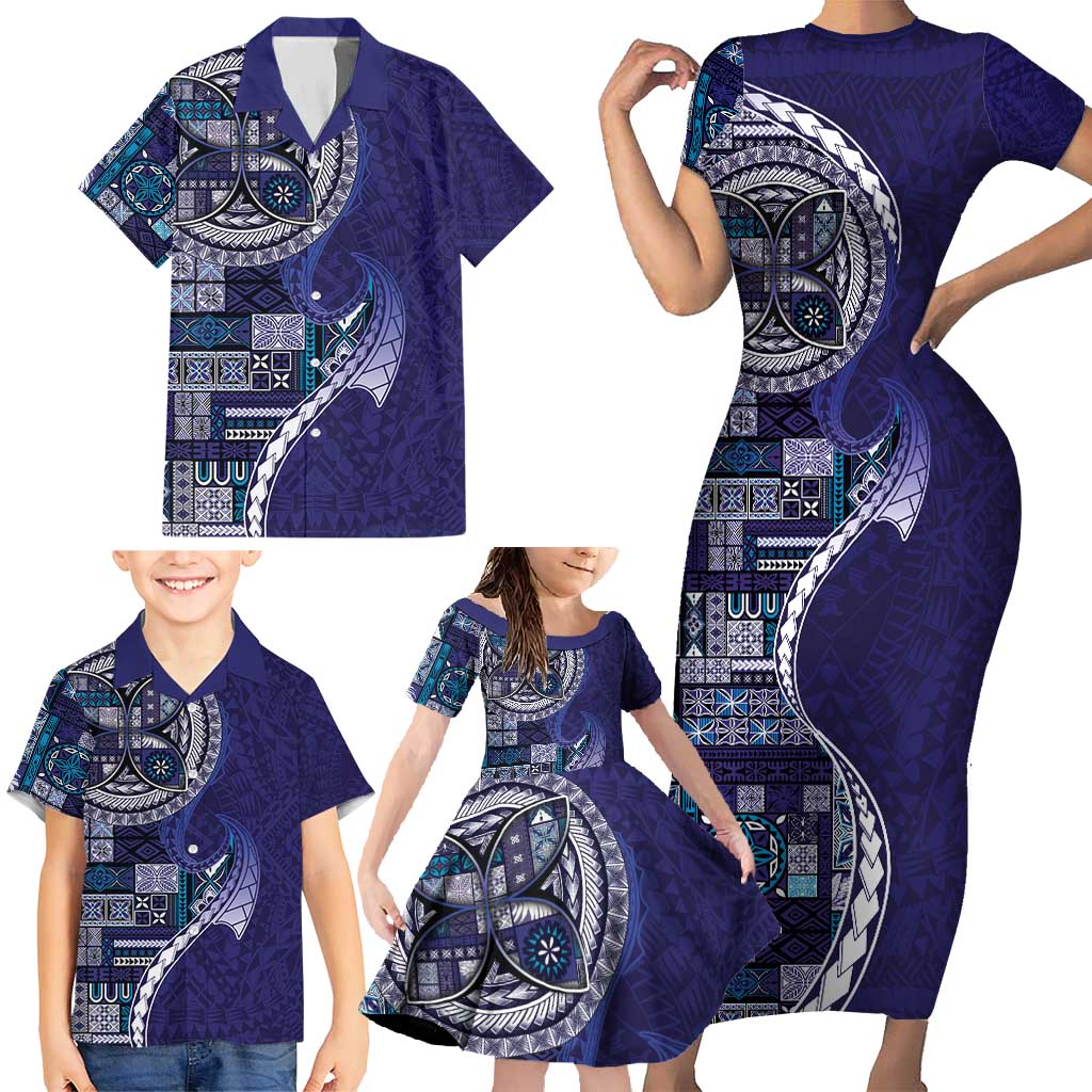 Samoan Siapo Art Tattoo Polynesian Pattern Family Matching Short Sleeve Bodycon Dress and Hawaiian Shirt Navy Color LT03 - Polynesian Pride
