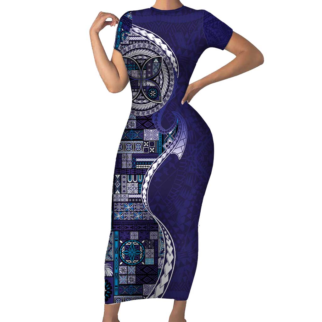 Samoan Siapo Art Tattoo Polynesian Pattern Family Matching Short Sleeve Bodycon Dress and Hawaiian Shirt Navy Color LT03 Mom's Dress Navy - Polynesian Pride