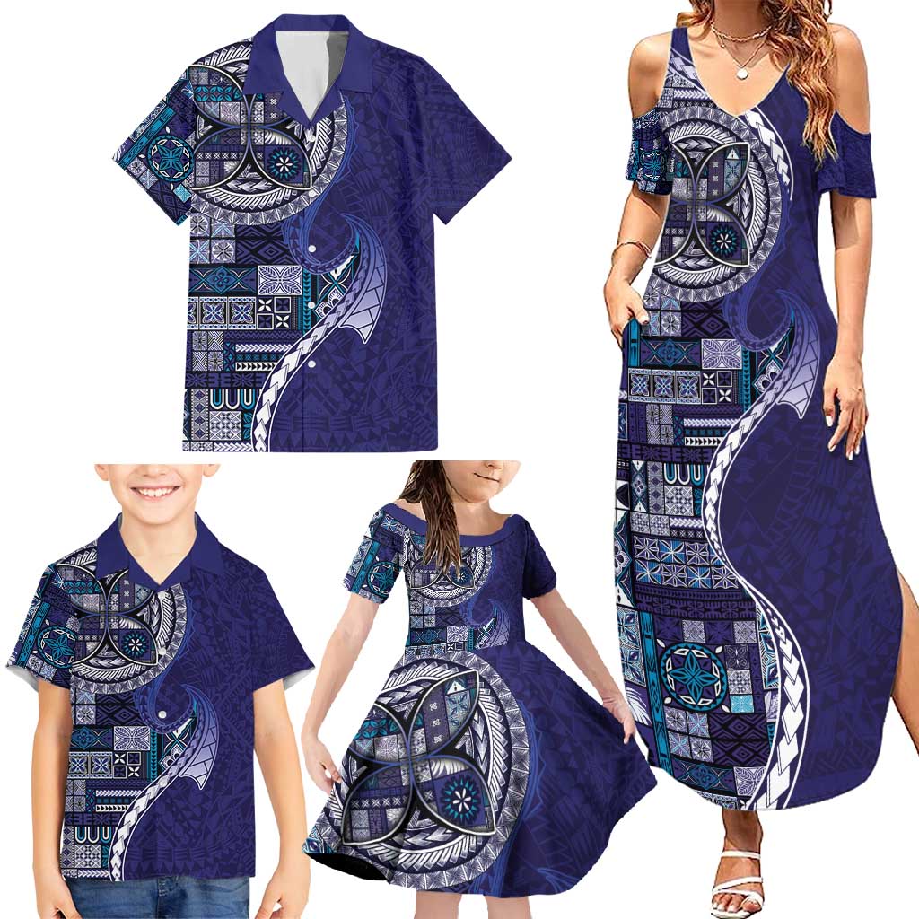 Samoan Siapo Art Tattoo Polynesian Pattern Family Matching Summer Maxi Dress and Hawaiian Shirt Navy Color - Polynesian Pride