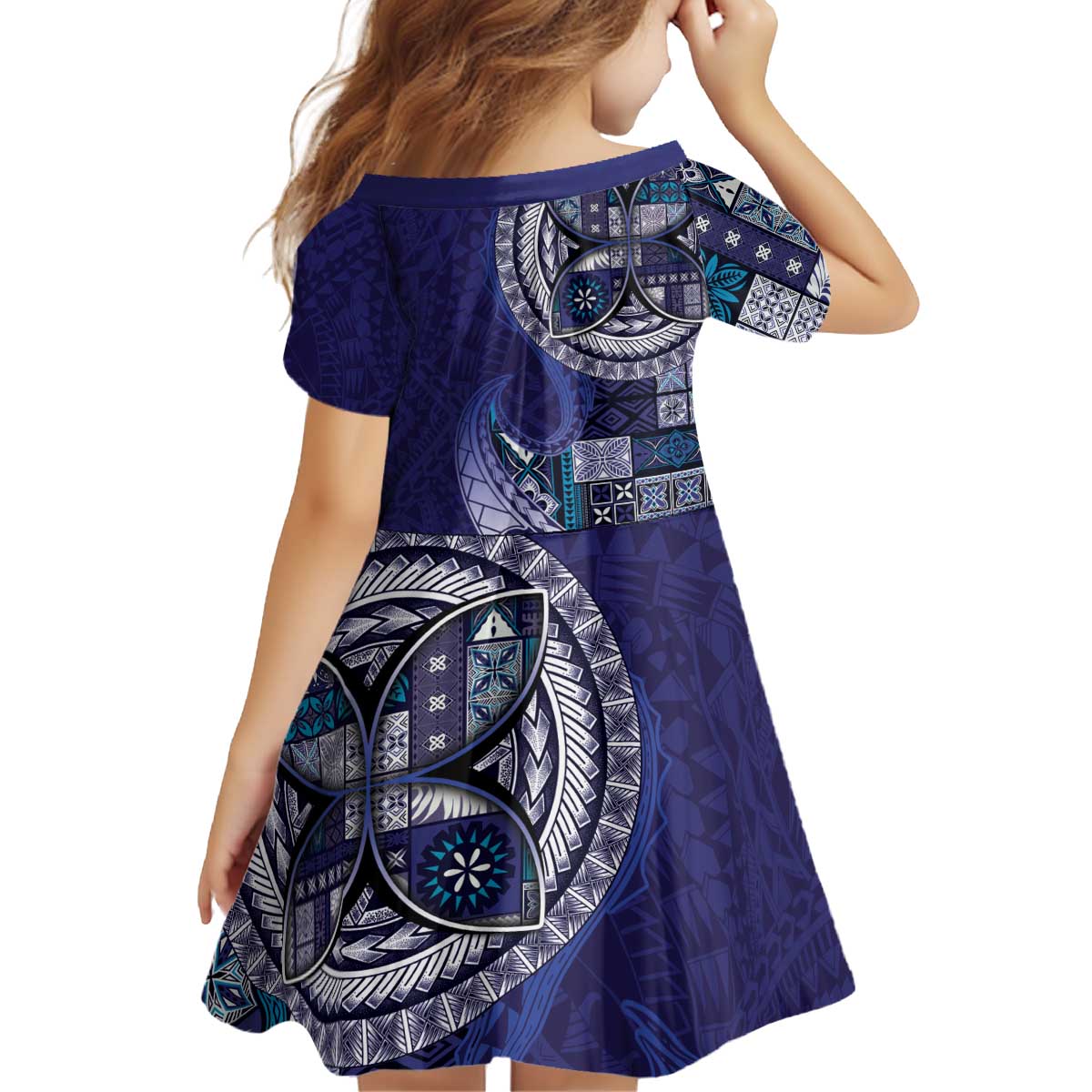 Samoan Siapo Art Tattoo Polynesian Pattern Kid Short Sleeve Dress Navy Color - Polynesian Pride