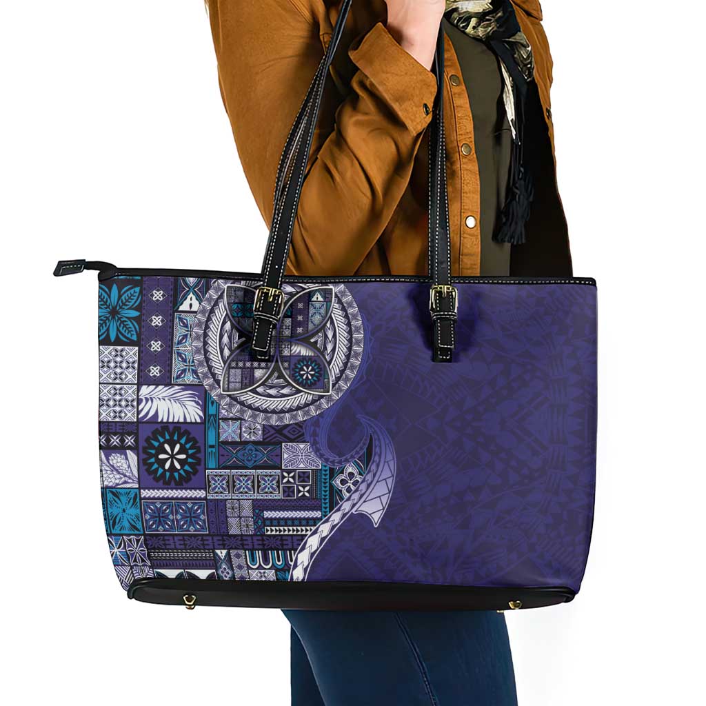 Samoan Siapo Art Tattoo Polynesian Pattern Leather Tote Bag Navy Color - Polynesian Pride