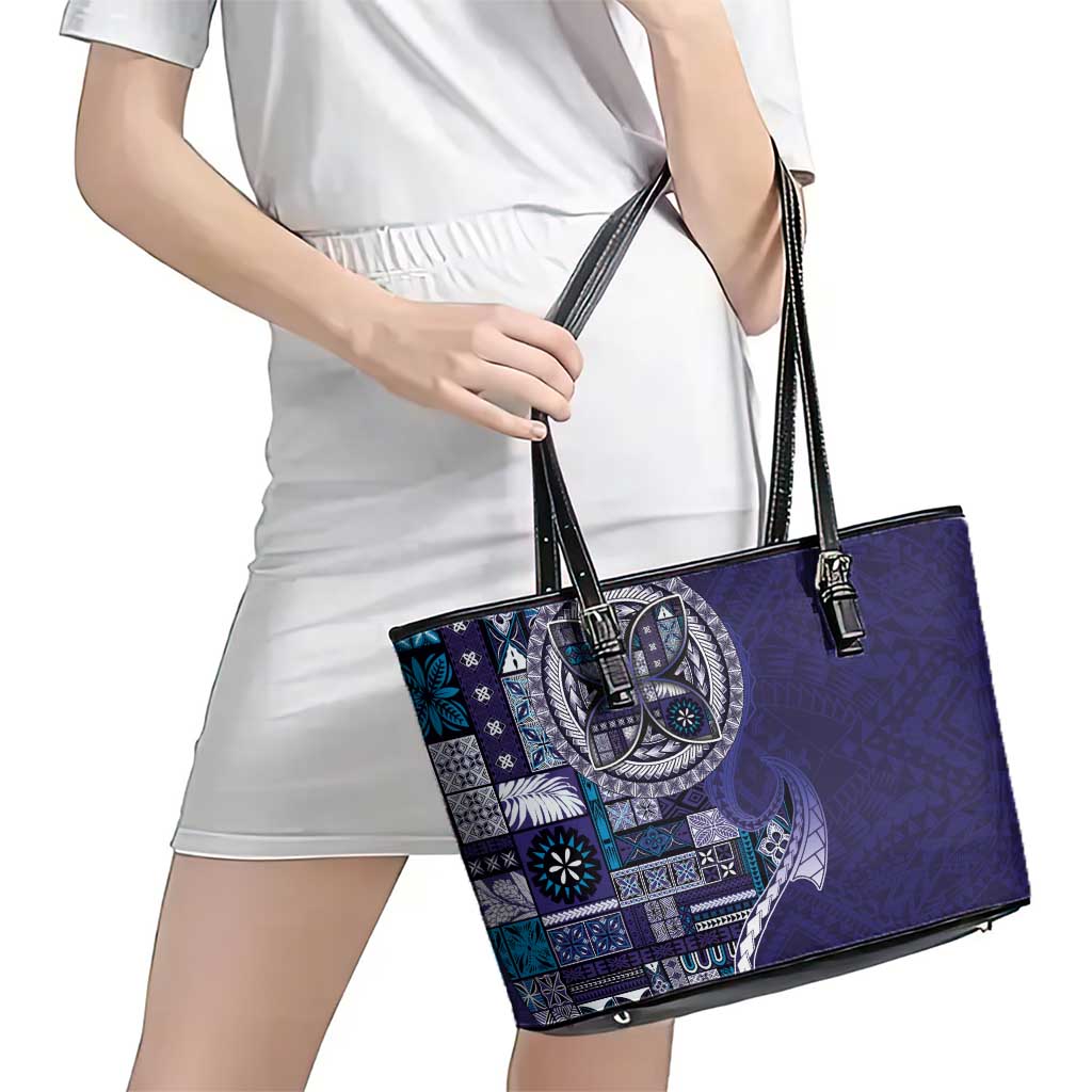 Samoan Siapo Art Tattoo Polynesian Pattern Leather Tote Bag Navy Color - Polynesian Pride
